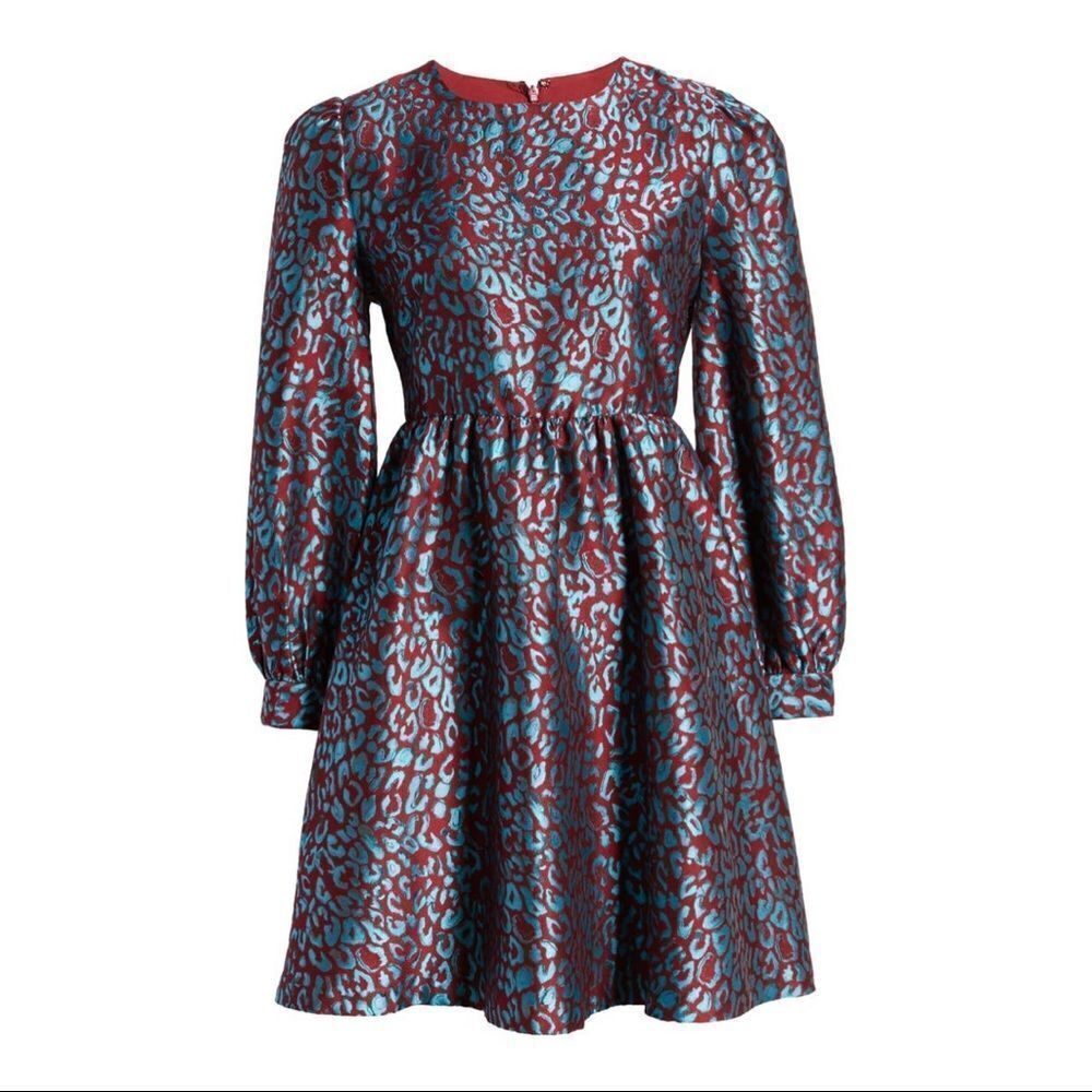 Nordstrom Halogen Baby Doll Leopard Jacquard Long Sleeve Dress In Teal/Brown